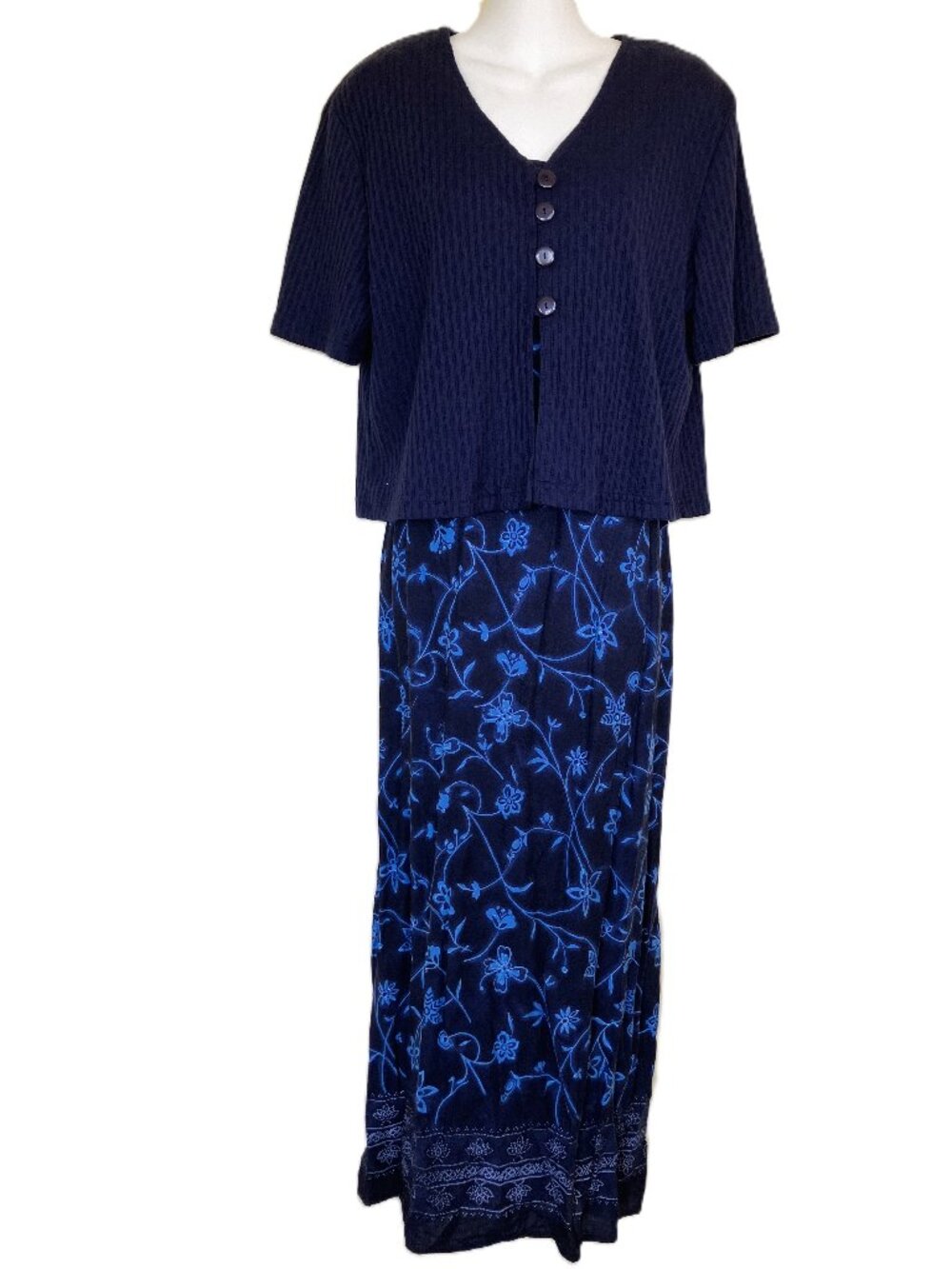 East West Sleeveless Maxi Dress & Short Sleeve Cardigan Blue Floral Vintage 90s
